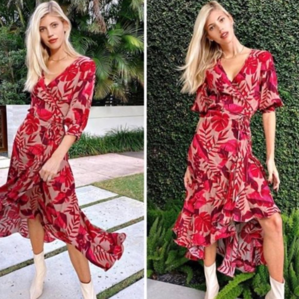 H&M Red Floral Wrap Midi Dress with Ruffle Hem